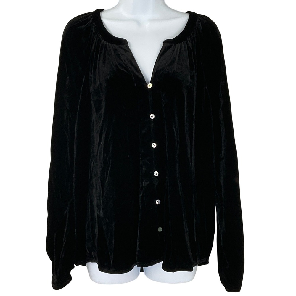 Faherty Black Velvet Silk V Neck Button Front Shirt Stretch Top Womens‎ Sz XL